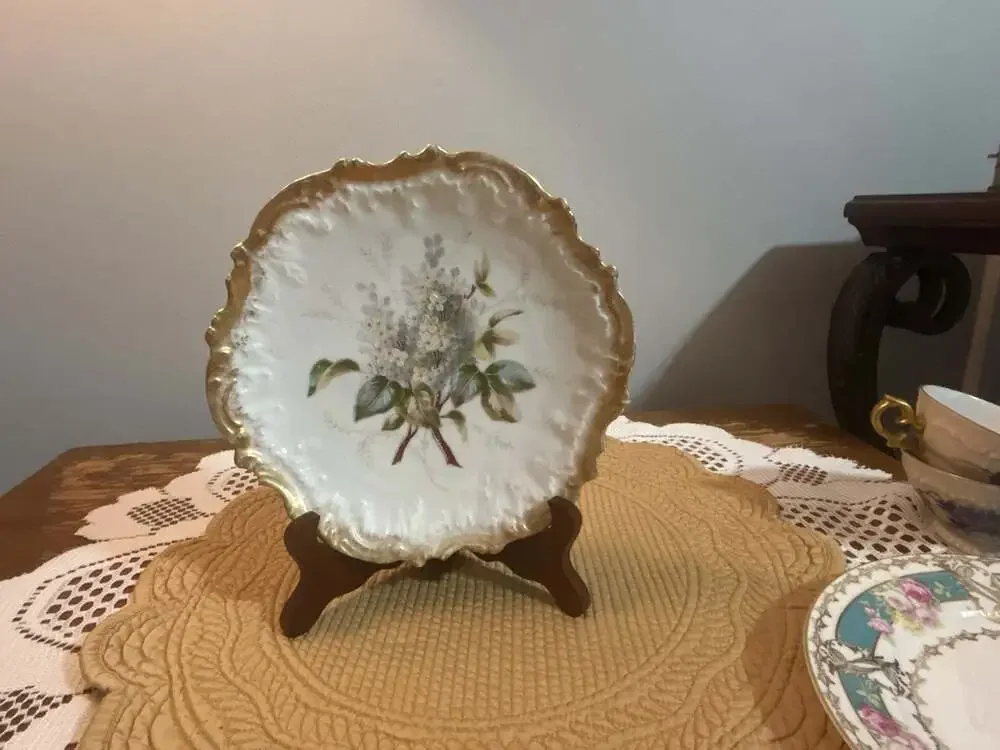 Antique French Porcelain Decorative Plate Hand Painted Lilac Floral Gilded Edge
